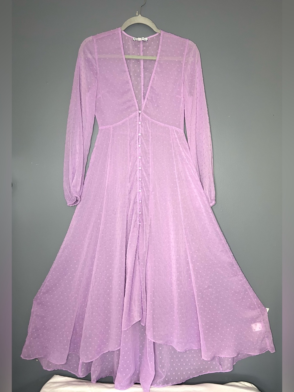 Express X Rocky Barnes Dress XS Purple Sheer Chiffon Maxi Flowy Fairy Gypsy - Picture 11 of 15